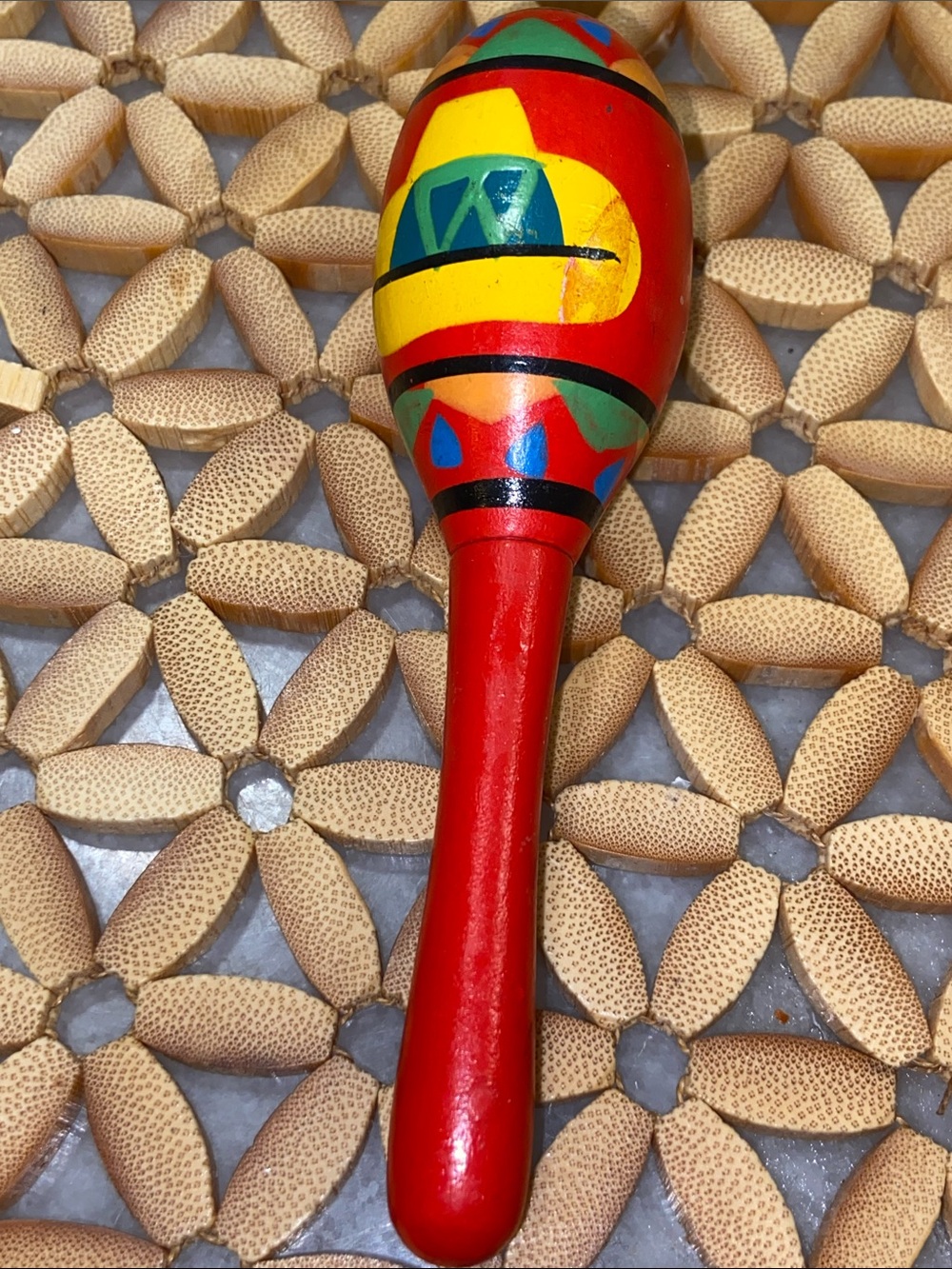 Red Handheld Wooden Maraca Shaker for Kids - Colorful Pattern